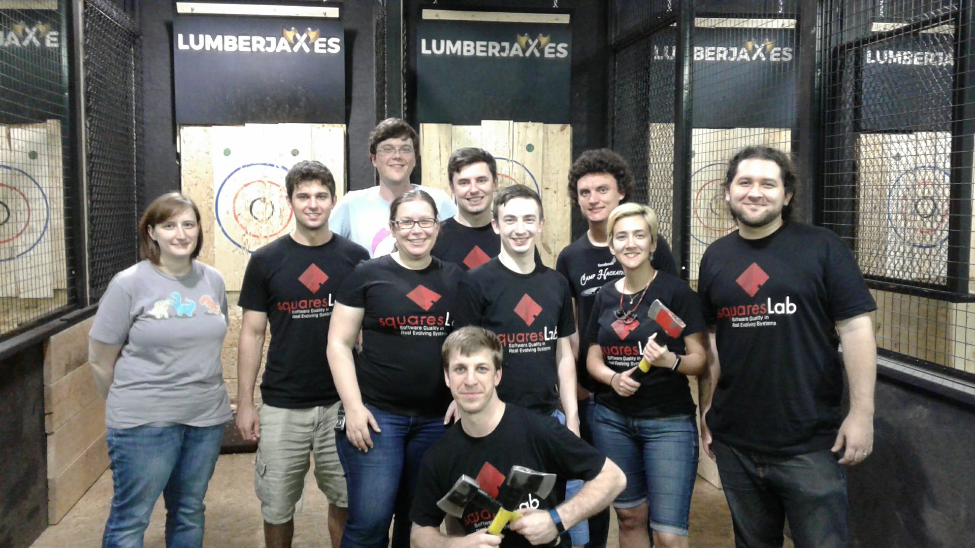 squaresLab in uniform, axe throwing